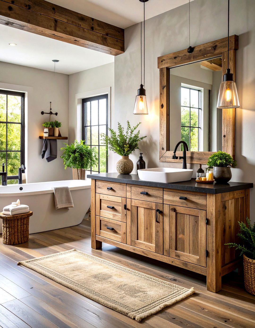 Reclaimed Wood Vanity with Black Stone Countertop - 24 Black and Wood Bathroom Ideas
