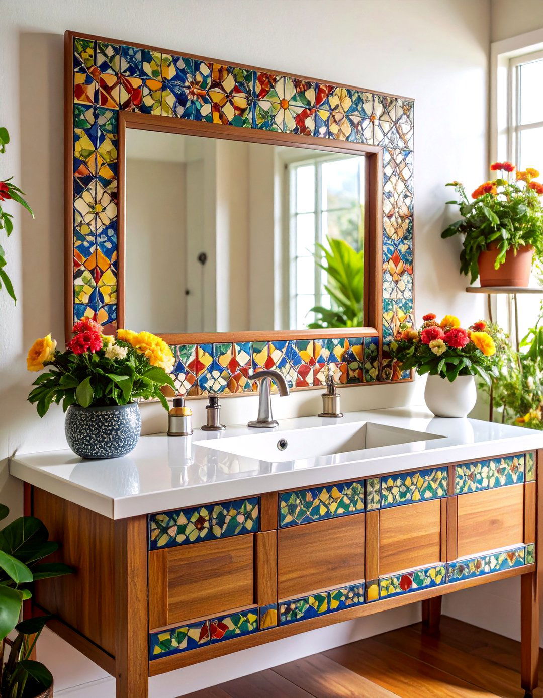 Rectangular Mirror with Decorative Tile Surround - 24 Bathroom Mirror Ideas