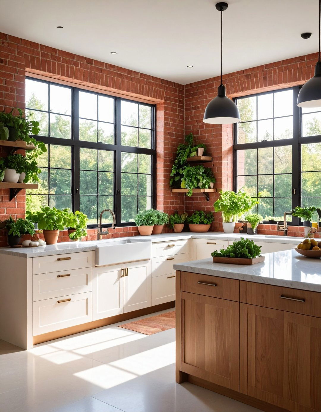 Red Brick Kitchen Window Wall - 24 Red Brick Kitchen Ideas