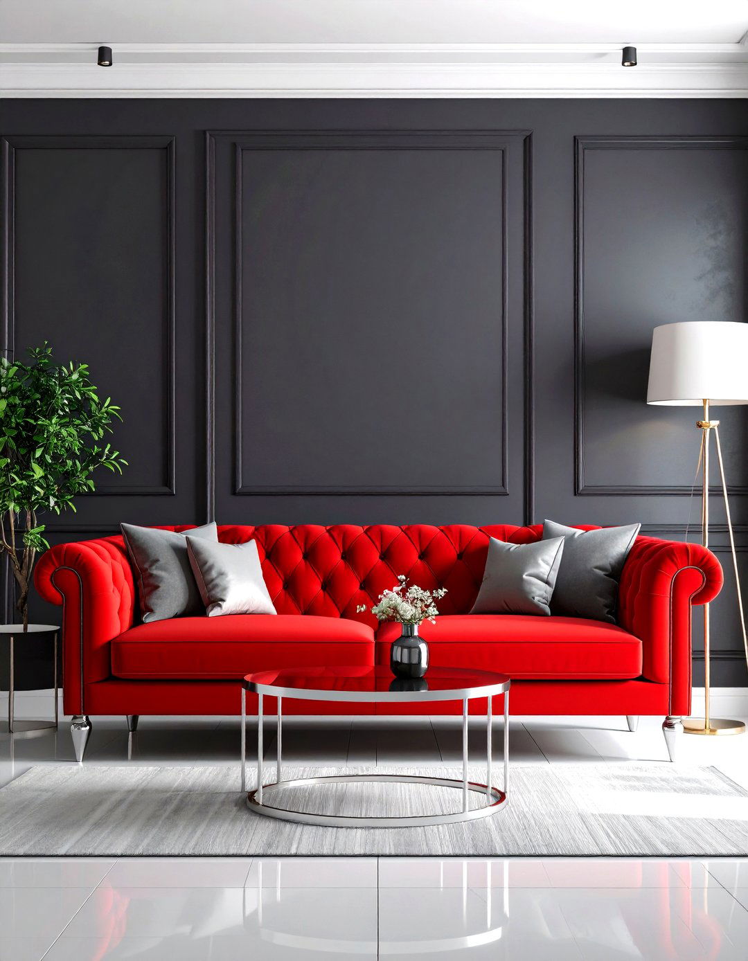 Red Couch Dark Accent Wall Design - 24 Red Couch Living Room Ideas