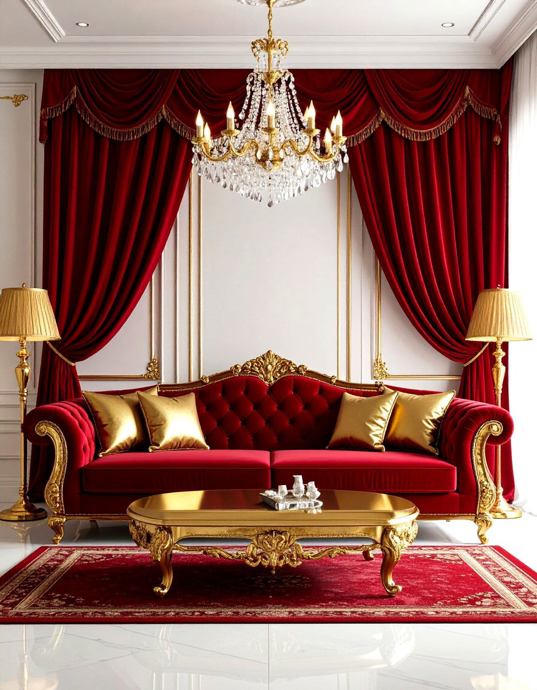Red Couch Metallic Gold Details - 24 Red Couch Living Room Ideas