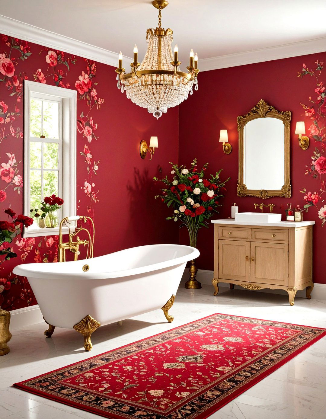 Red Floral Wallpaper Powder Room - 24 Red Bathroom Ideas