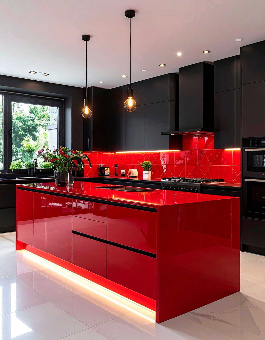 Red Glass Backsplash With Black Cabinets - 24 red and black kitchen ideas
