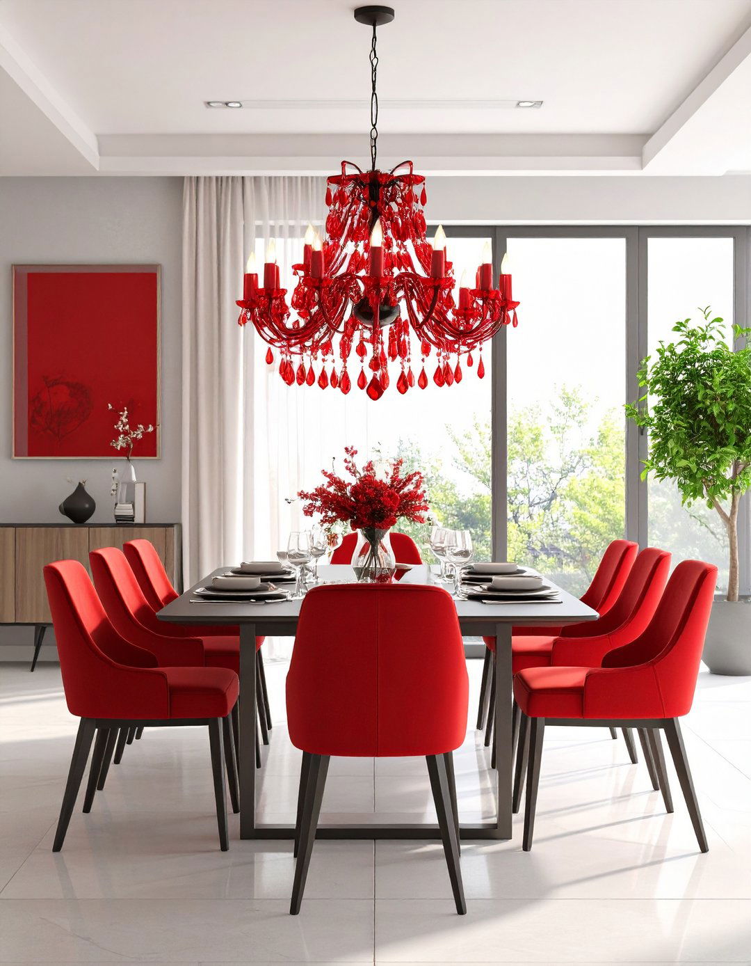 Red Glass Chandelier Centerpiece - 24 Red Dining Room Ideas