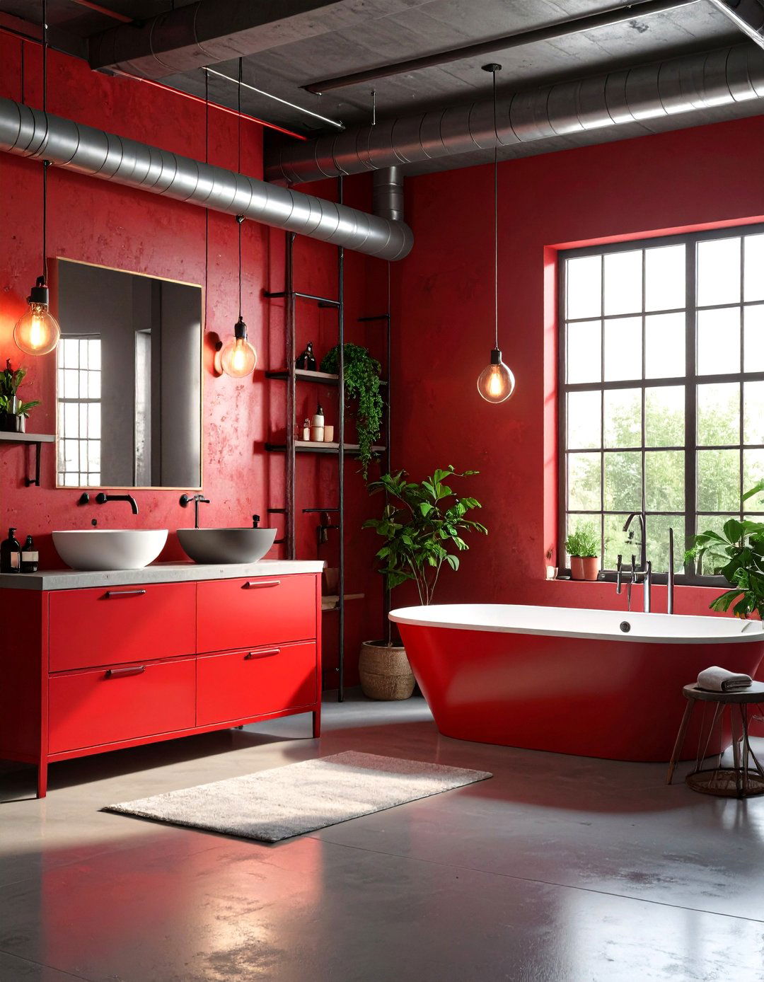 Red Industrial Loft Style - 24 Red Bathroom Ideas