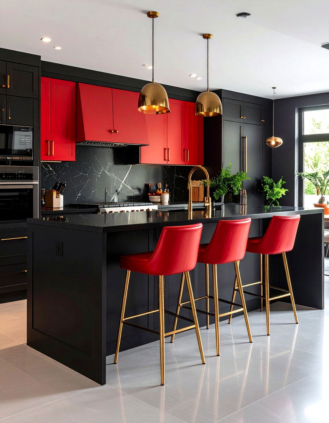 Red Leather Bar Stools With Black Kitchen Peninsula - 24 red and black kitchen ideas
