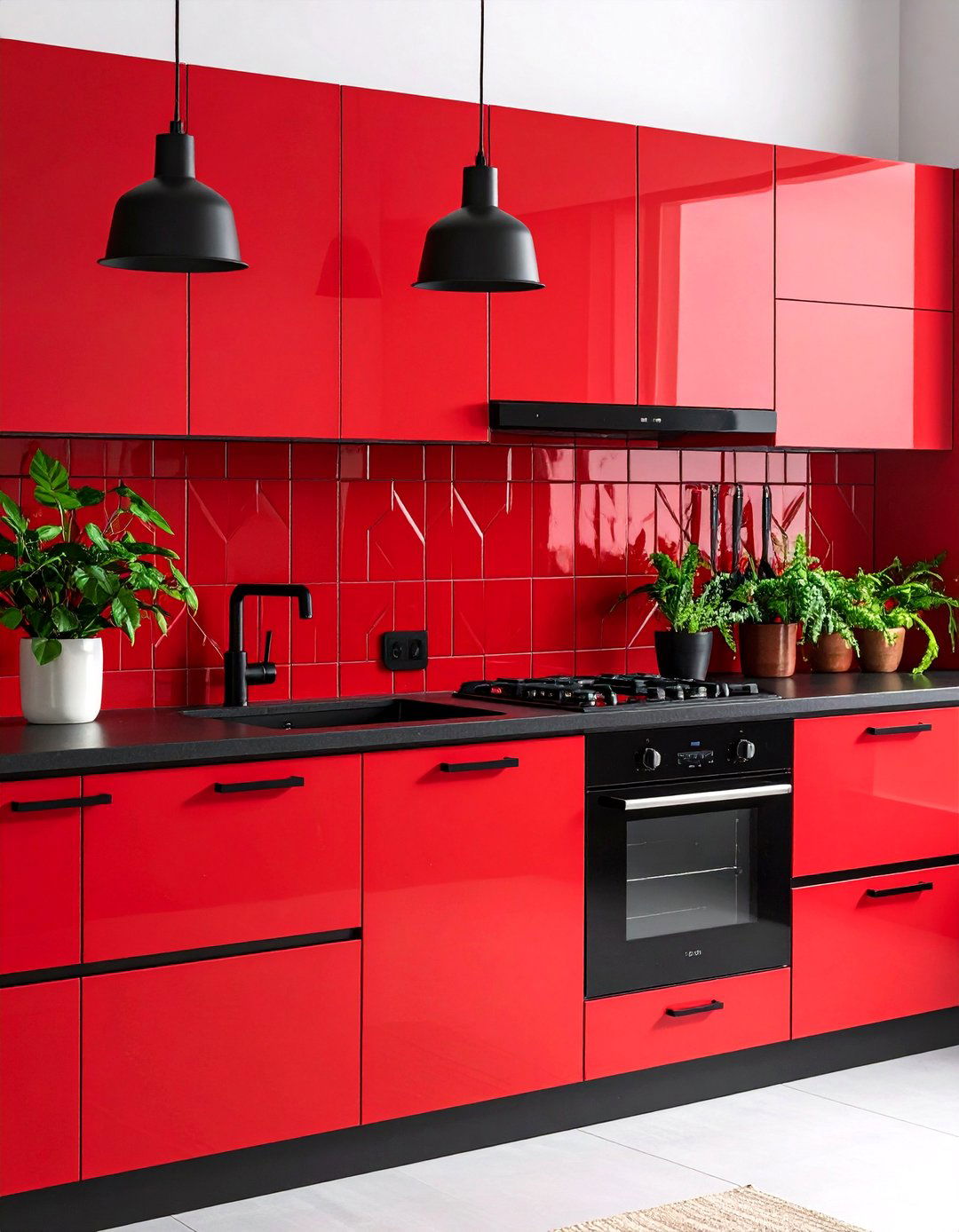 Red Mosaic Tile With Black Cabinet Hardware - 24 red and black kitchen ideas
