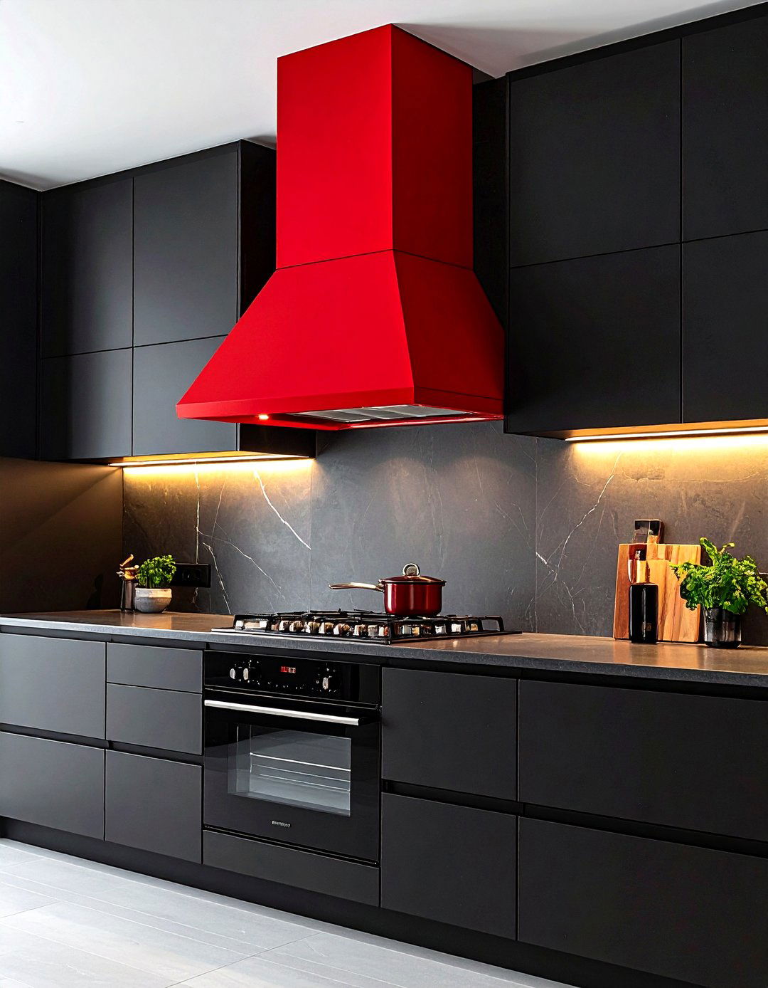 Red Range Hood With Black Cabinet Framework - 24 red and black kitchen ideas