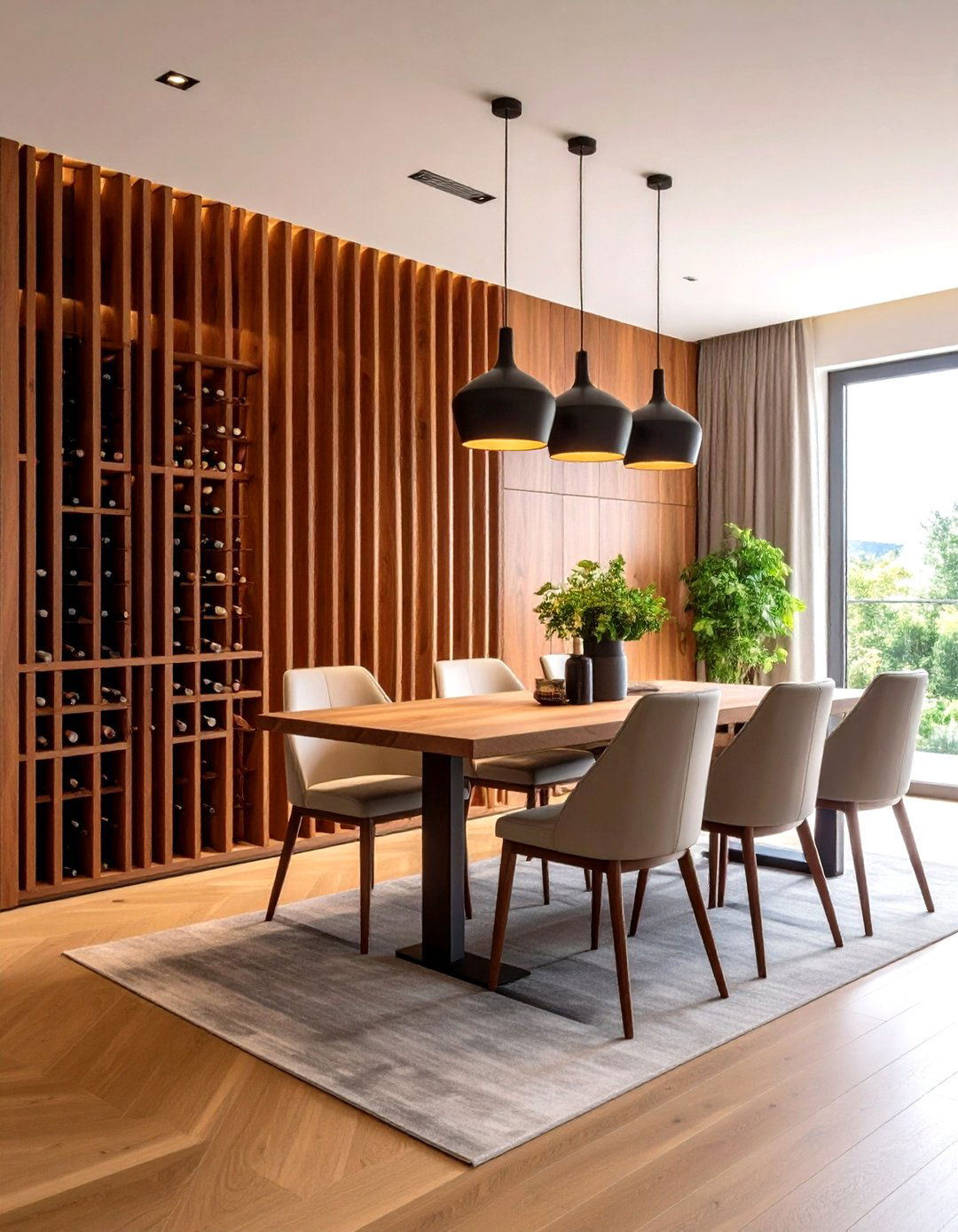 Redwood Slat Wall with Integrated Wine Storage - 24 Wood Slat Accent Wall Ideas