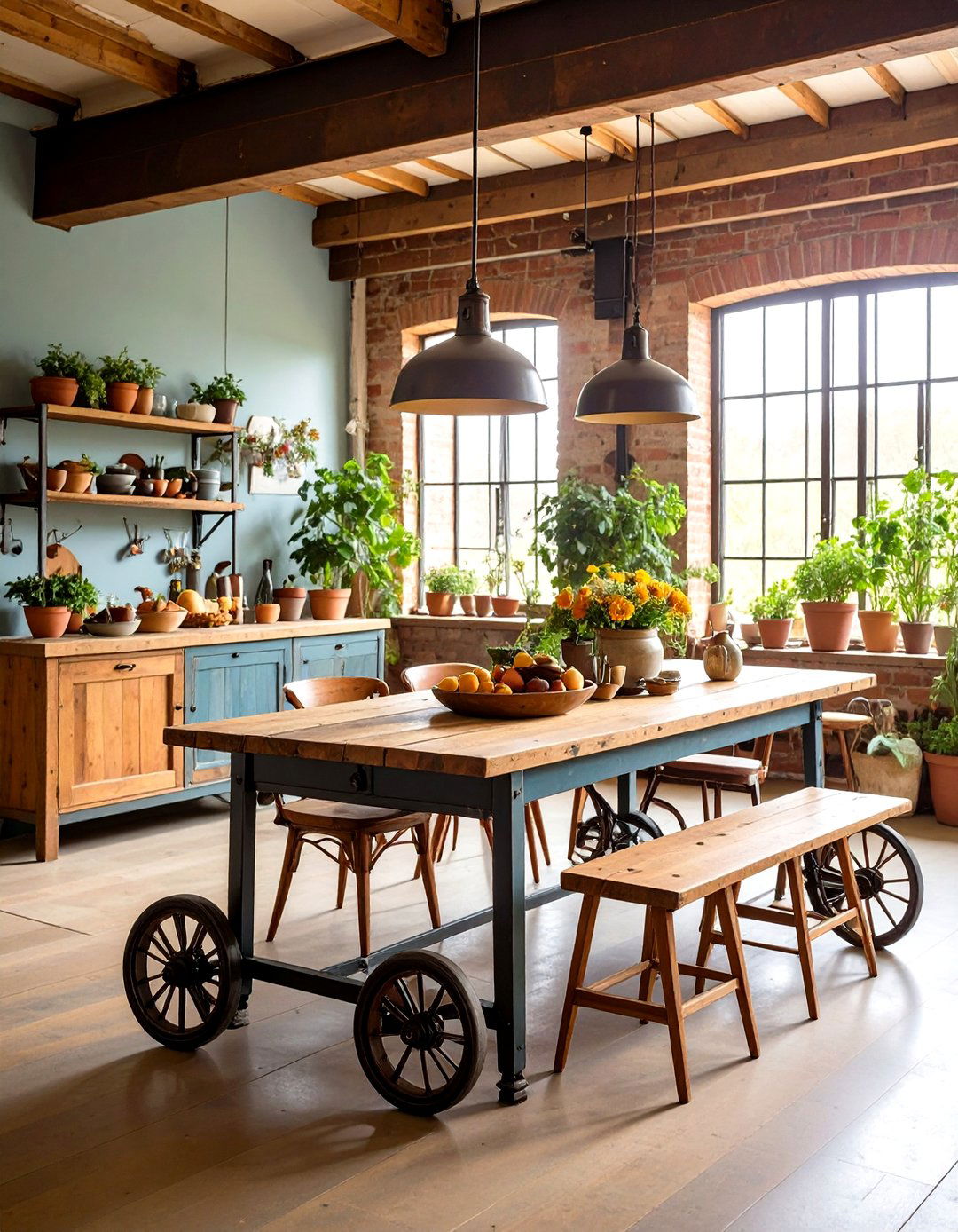 Repurposed Factory Cart Tables - 24 Industrial Dining Room Ideas