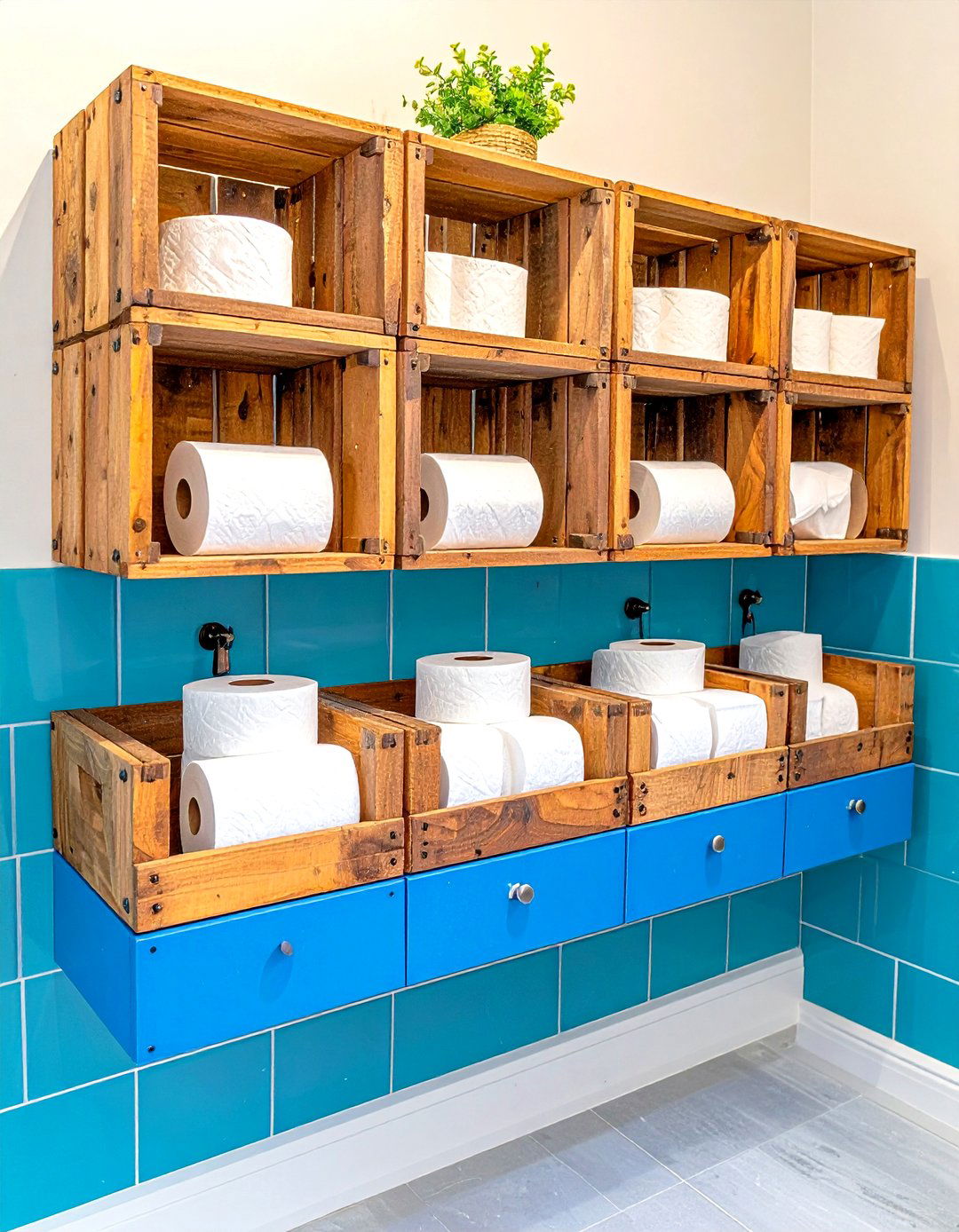 Repurposed Wine Crate Wall Storage - 24 Toilet Paper Storage Ideas