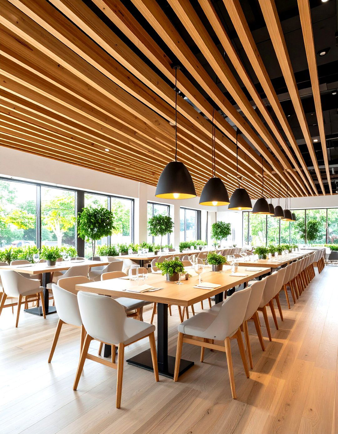 Restaurant Commercial Dining Space Applications - 24 Wood Slat Ceiling Ideas