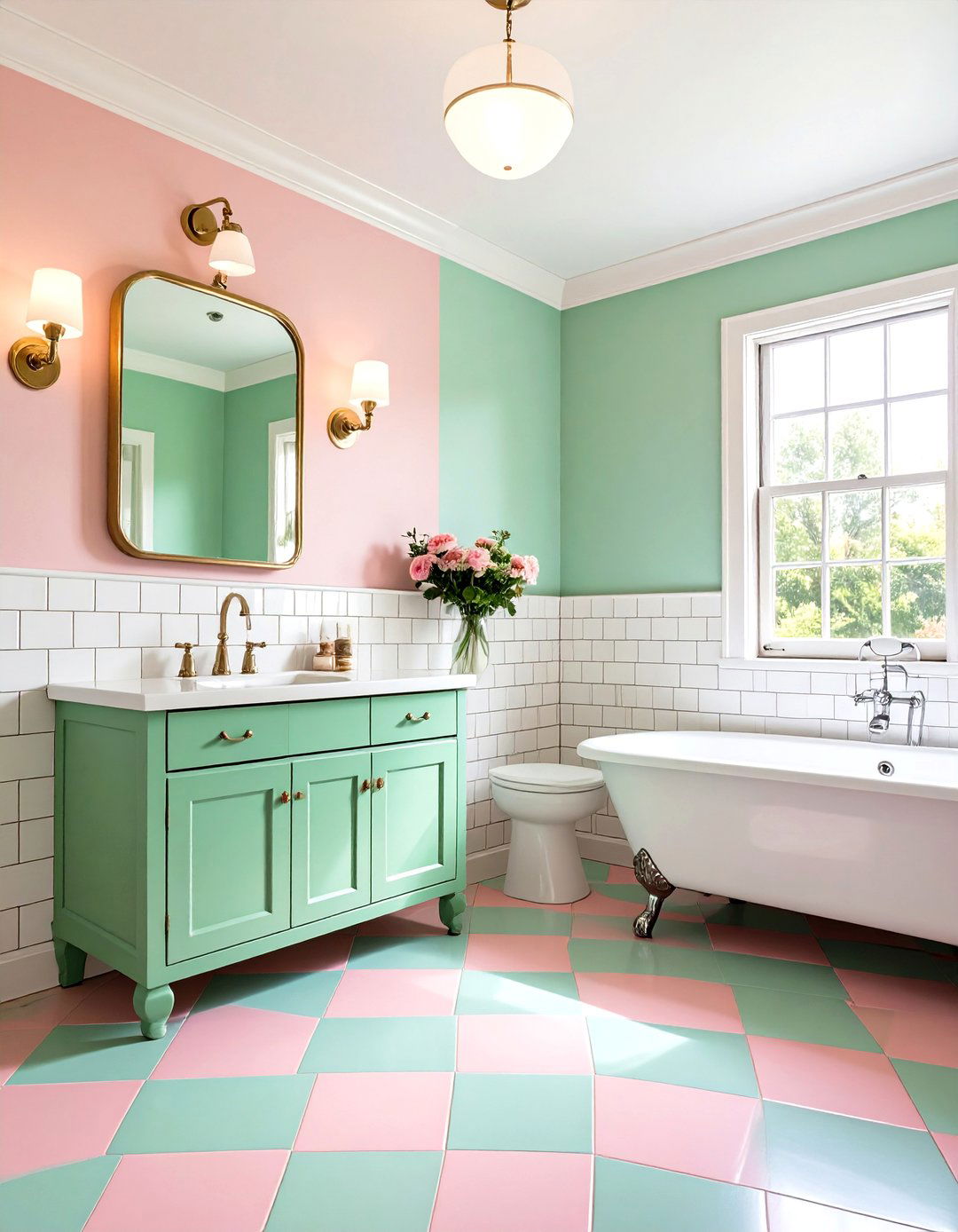 Retro Checkerboard Pink and Green Fun - 24 Pink and Green Bathroom Design Ideas