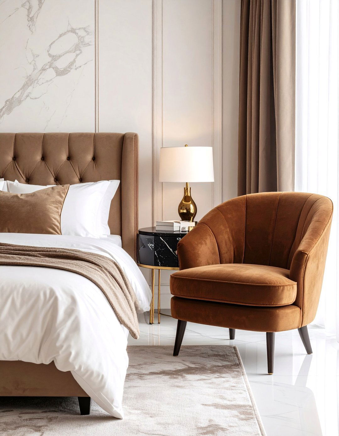 Rich Brown Velvet Furniture with Black Marble Surfaces - 24 Black and Brown Bedroom Ideas