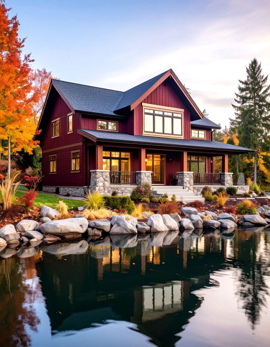 Rich Burgundy Drama - 24 Lake House Exterior Colors Ideas