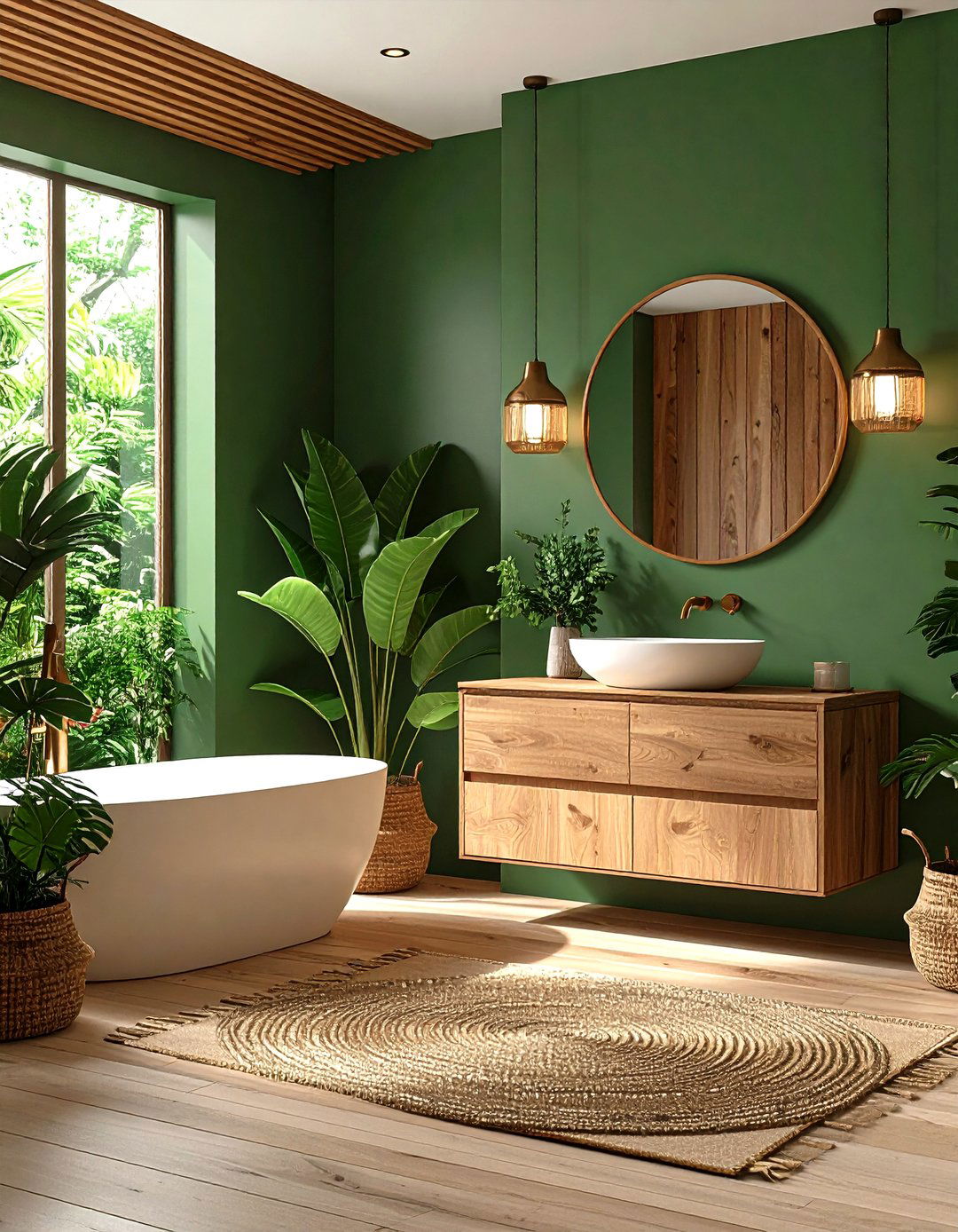 Rich Forest Green and Natural Wood Organic - 24 Hallway Bathroom Ideas