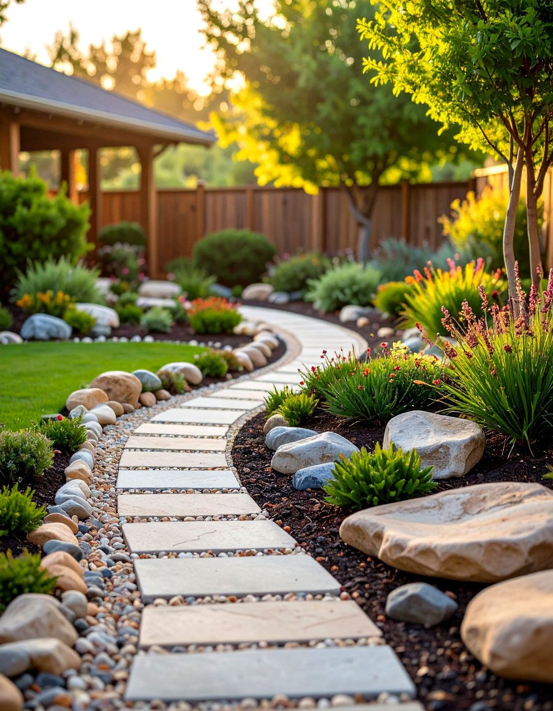 River Rock Edging with Gravel Mulch - 24 Garden Edging Ideas