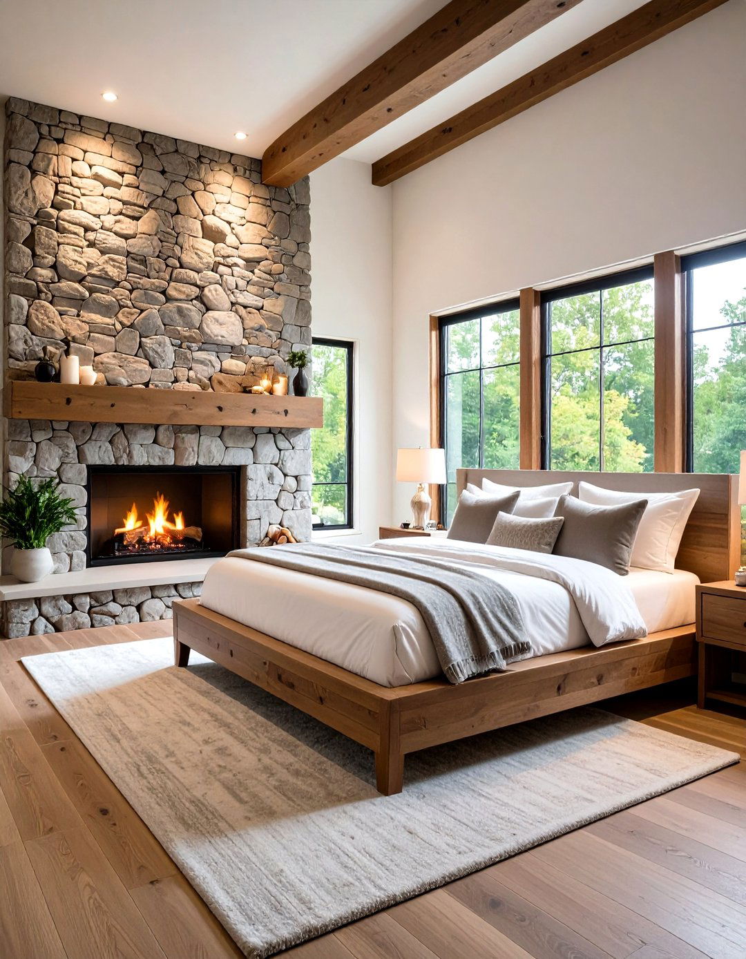 River Rock Fireplace Feature - 24 Rustic Bedroom Ideas