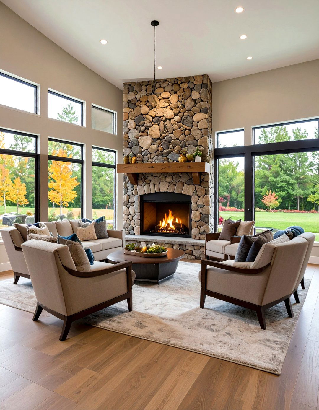 River Rock Hearth with Tile Surround - 24 River Rock Fireplace Ideas