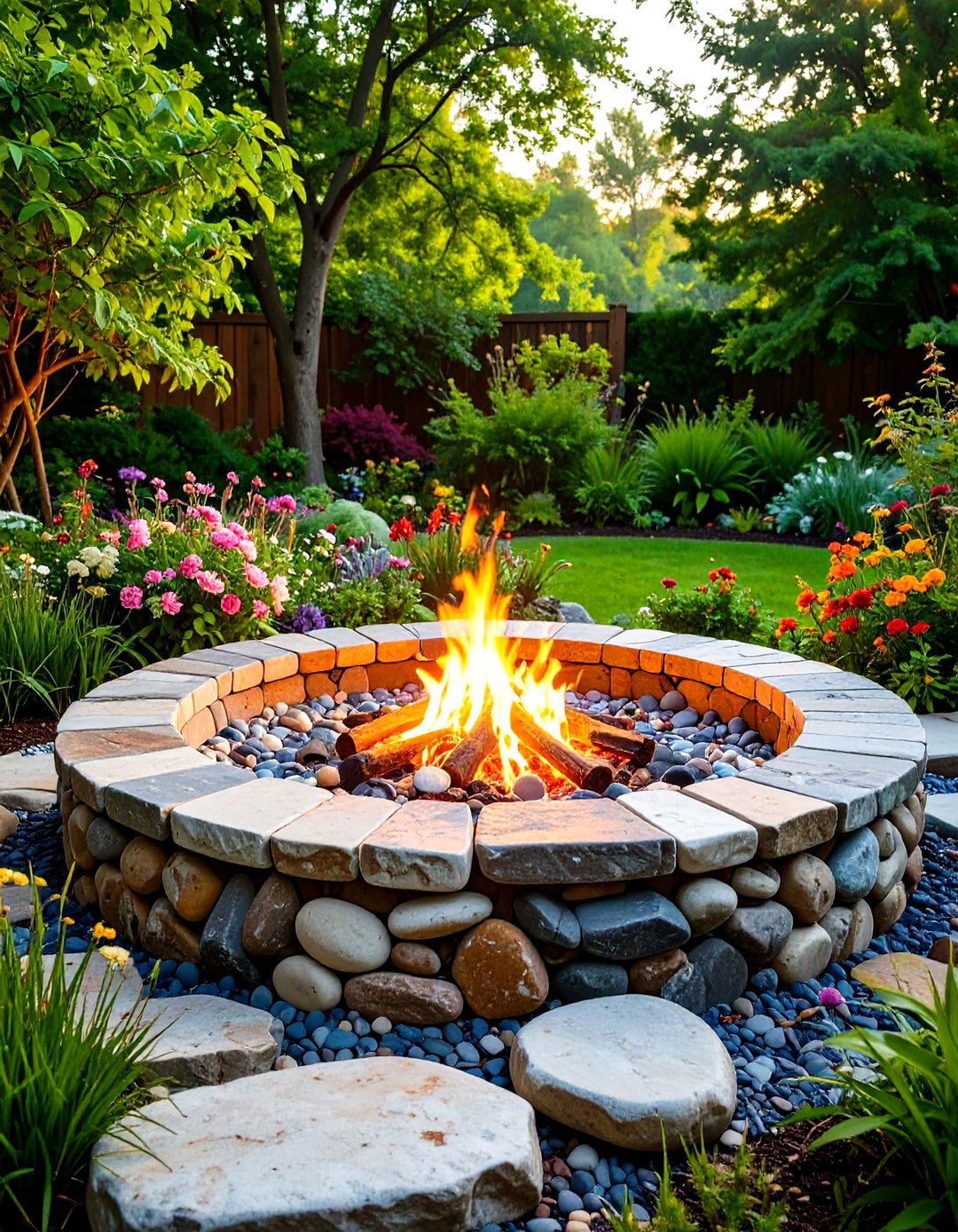 River Rock Mosaic Fire Ring - 24 Rustic Fire Pit Ideas