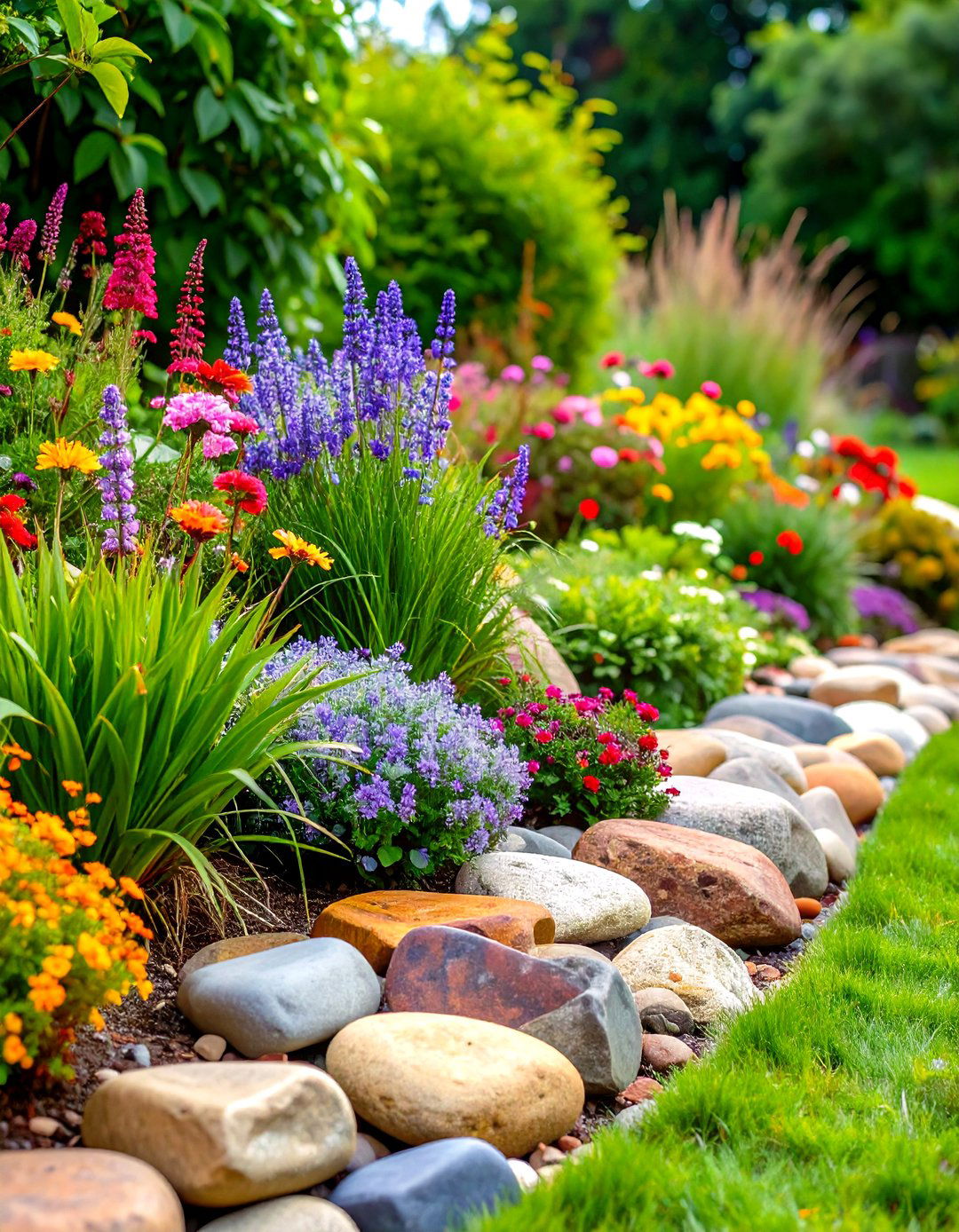 River Rock Natural Border Design - 24 Stone Garden Edging Ideas