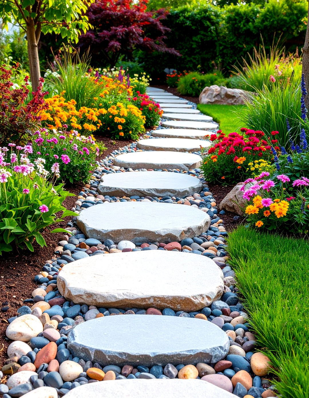River Rock Stepping Stone Trail - 24 Rock Walkway Ideas