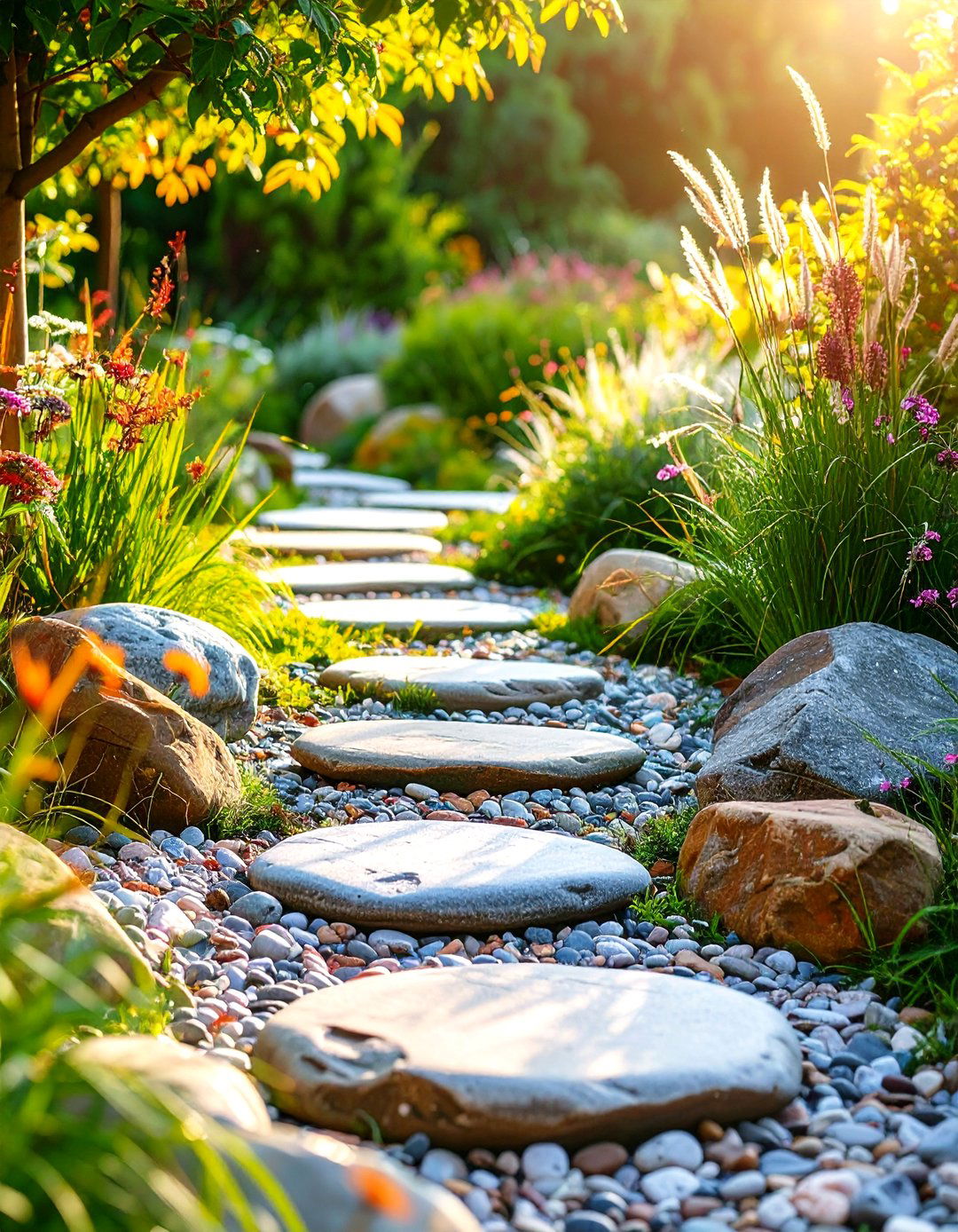 River Rock Stepping Stone Trails - 24 Stone Walkway Ideas