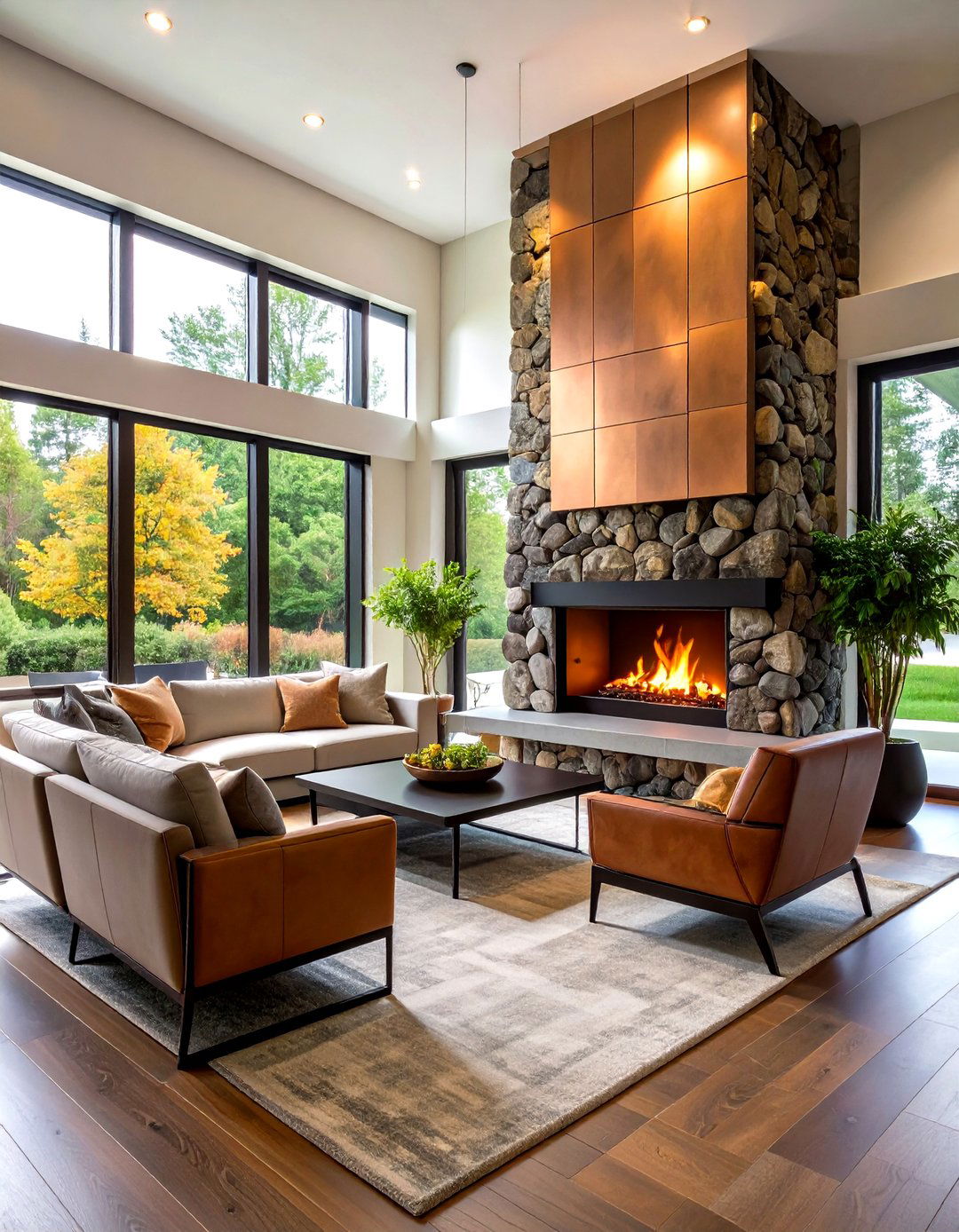 River Rock with Copper Accents - 24 River Rock Fireplace Ideas
