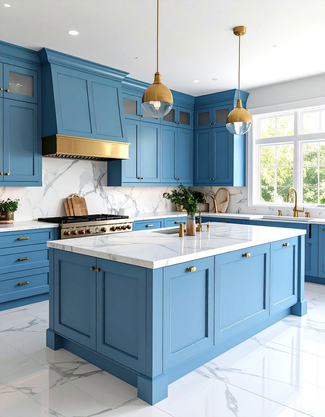 Robins Egg Blue Cabinets with Marble Counters - 24 Blue Kitchen Ideas