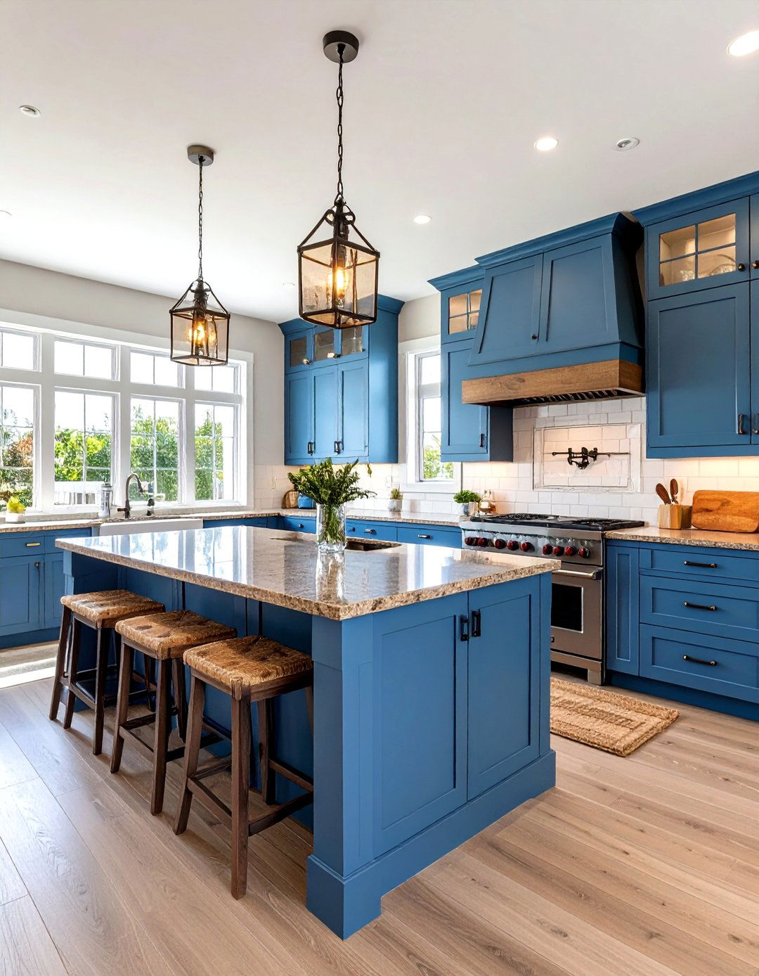 Robins Egg Blue Coastal Cabinets with Sand Brown Granite - 24 blue kitchen cabinets with brown granite countertops