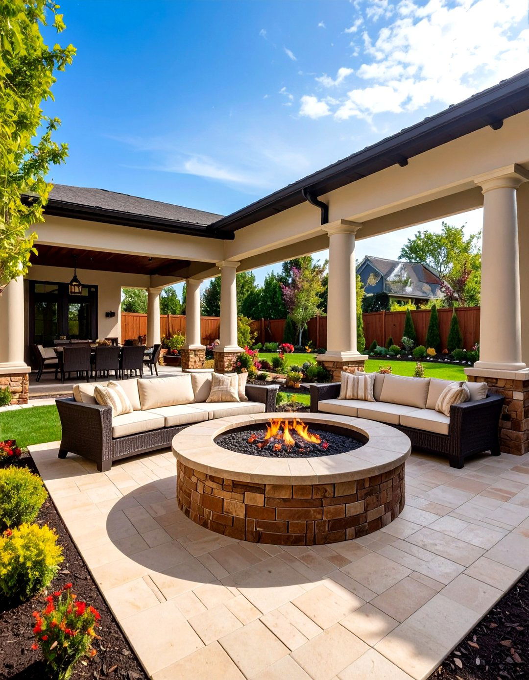 Roman Slate Stamped Concrete Patio with Built in Seating Fire Pit - 24 stamped concrete patio with fire pit ideas