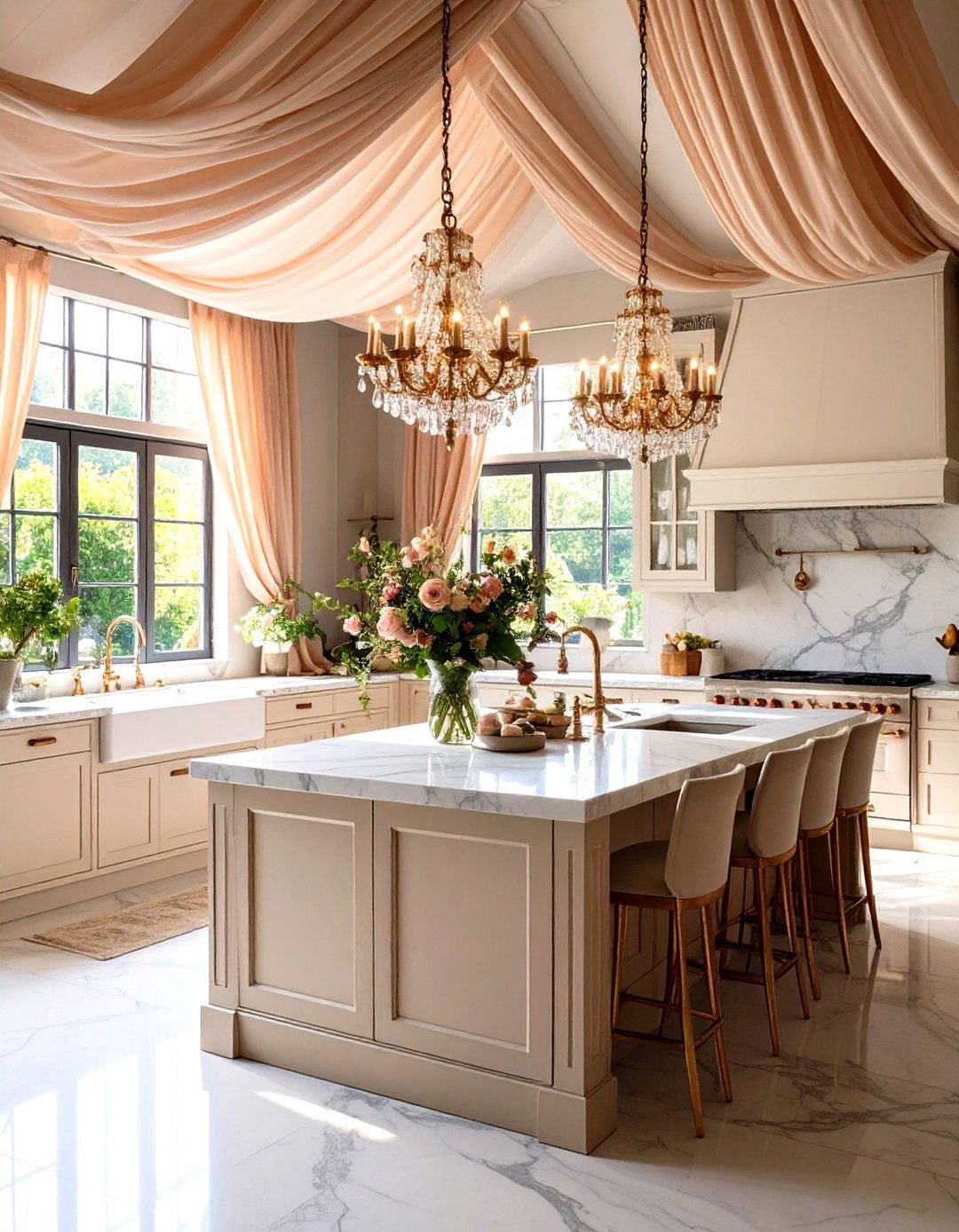 Romantic Canopy Kitchen with Hanging Fabrics - 24 Shabby Chic Kitchen Ideas