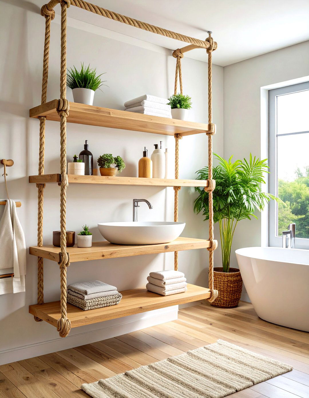 Rope Hanging Shelf System - 24 Rustic Wall Decor Ideas