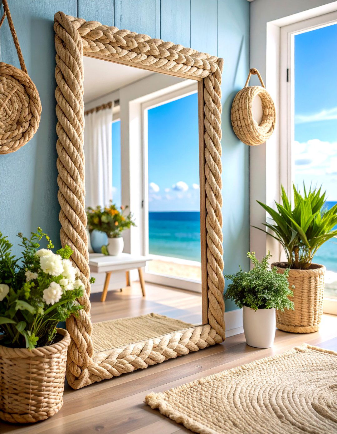 Rope Wrapped Coastal Mirror - 24 Entryway Mirror Ideas