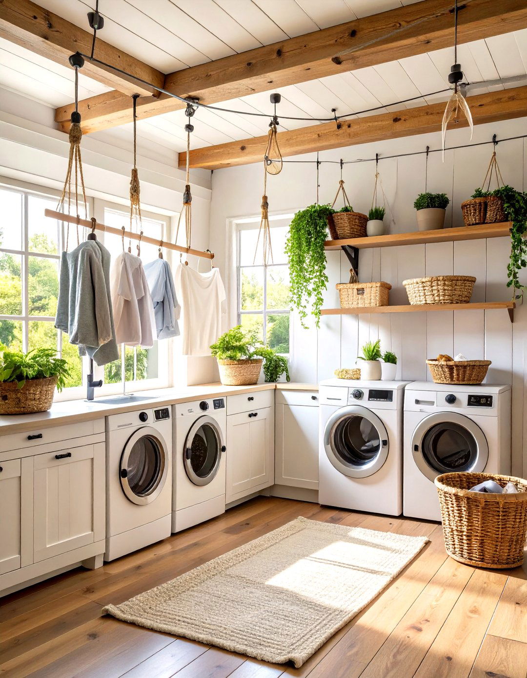 Rope and Pulley Drying System - 24 Farmhouse Laundry Room Ideas