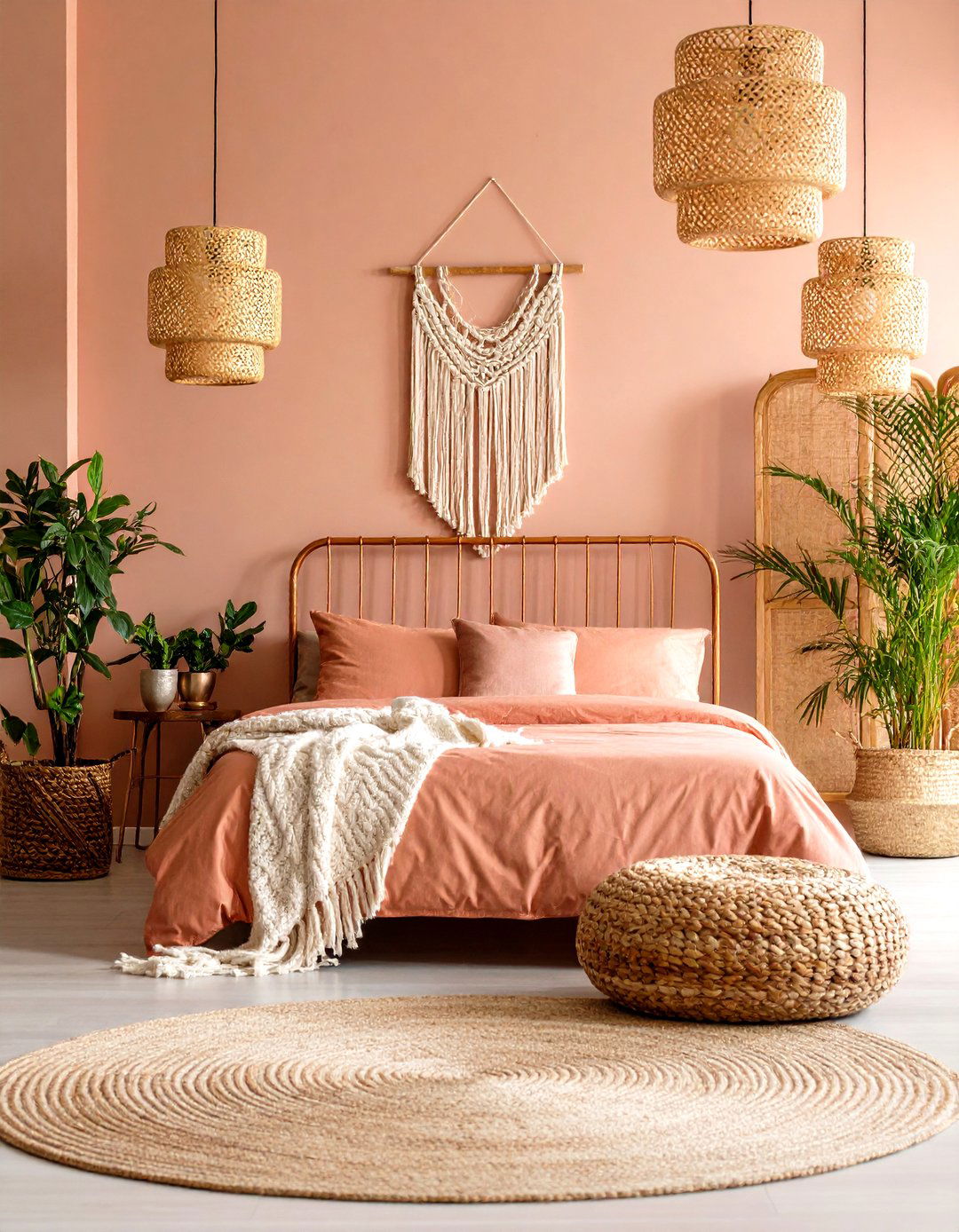Rose Gold Boho Chic Bedroom with Plants - 24 Rose Gold Bedroom Ideas