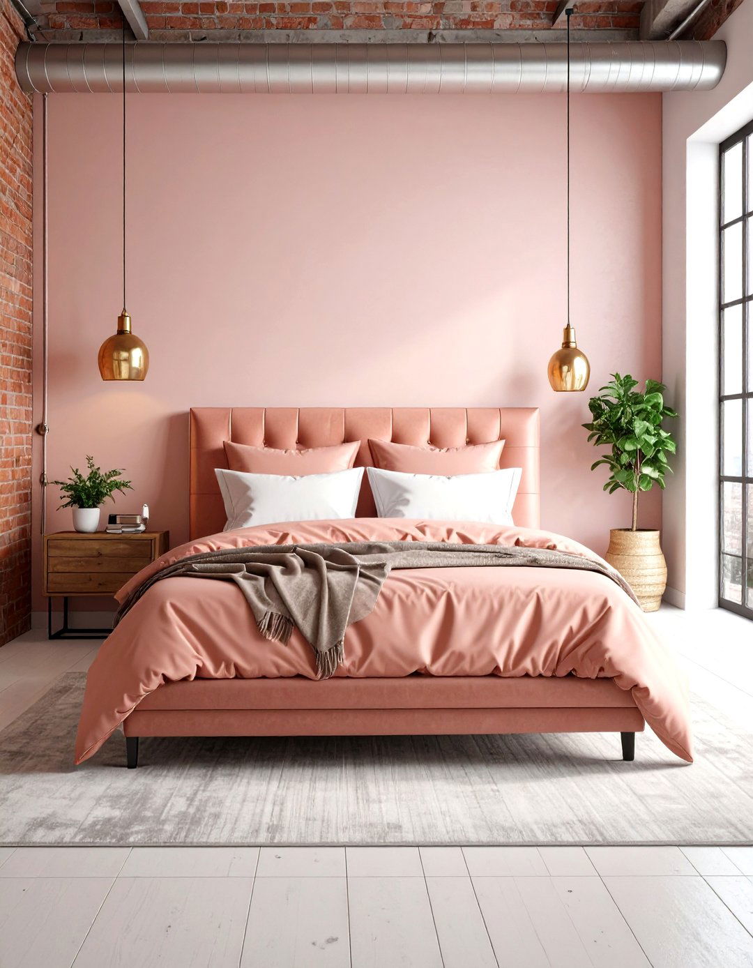 Rose Gold Industrial Bedroom with Exposed Elements - 24 Rose Gold Bedroom Ideas