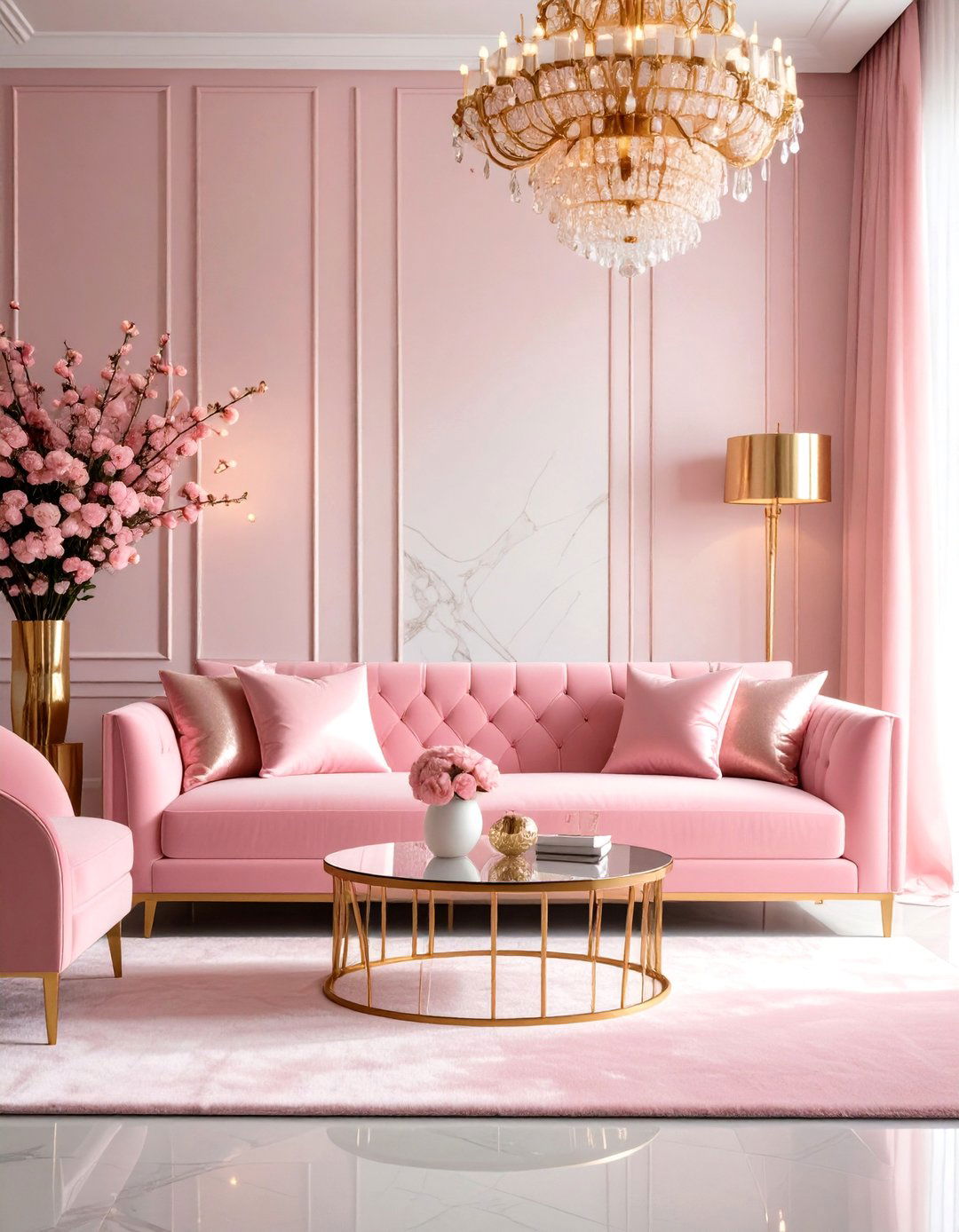 Rose Gold Pink Sofa in Contemporary Glam - 24 Pink Couch Living Room Ideas