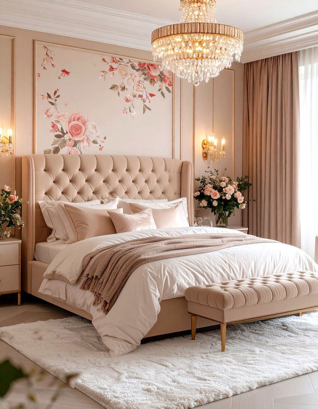 Rose Gold Romantic Bedroom with Floral Patterns - 24 Rose Gold Bedroom Ideas