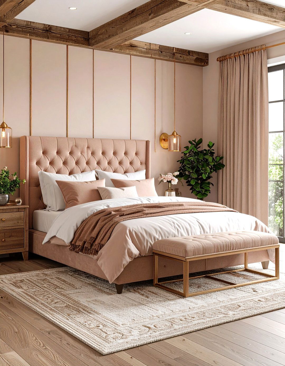 Rose Gold Rustic Bedroom with Wood Accents - 24 Rose Gold Bedroom Ideas