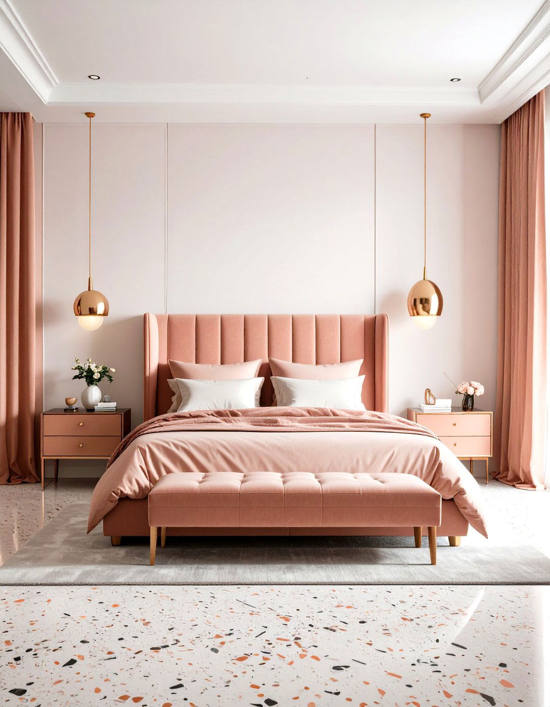Rose Gold Terrazzo Accent Bedroom - 24 Rose Gold Bedroom Ideas