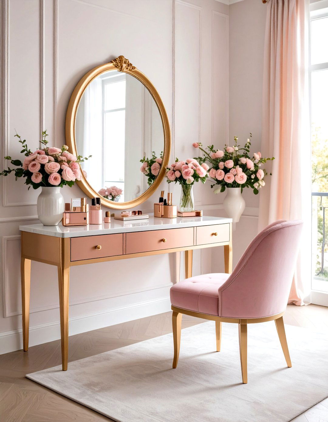 Rose Gold Vanity Area with Pink Seating - 24 Pink and Gold Bedroom Ideas