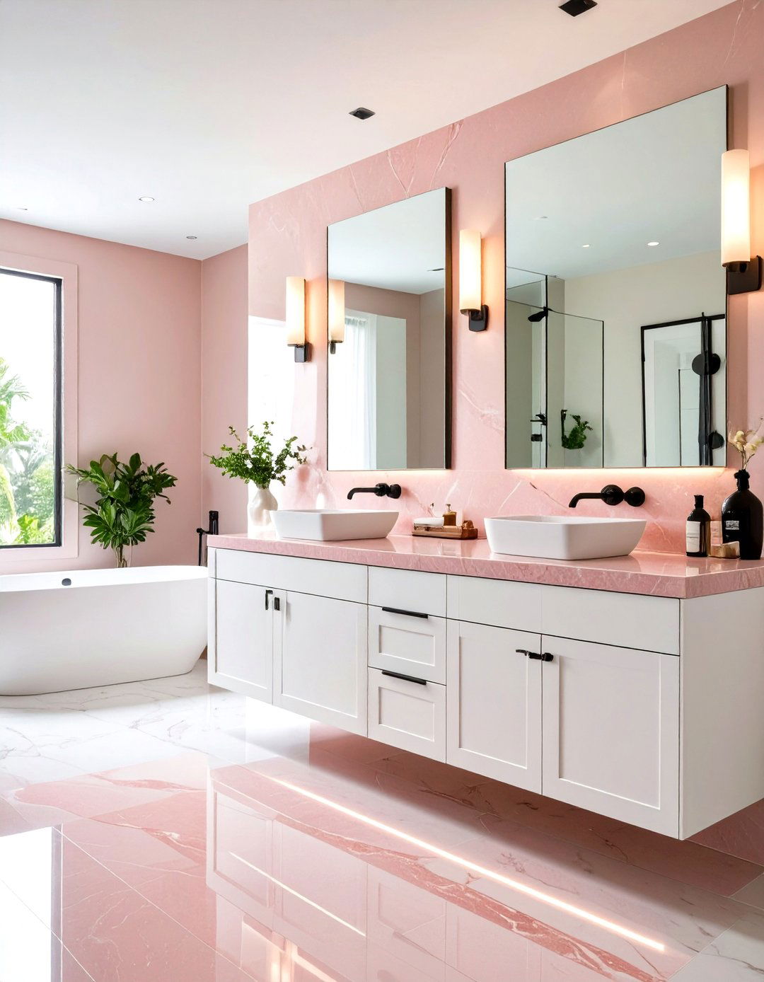 Rose Quartz Countertops with Black Steel Fixtures - 24 Pink and Black Bathroom Ideas