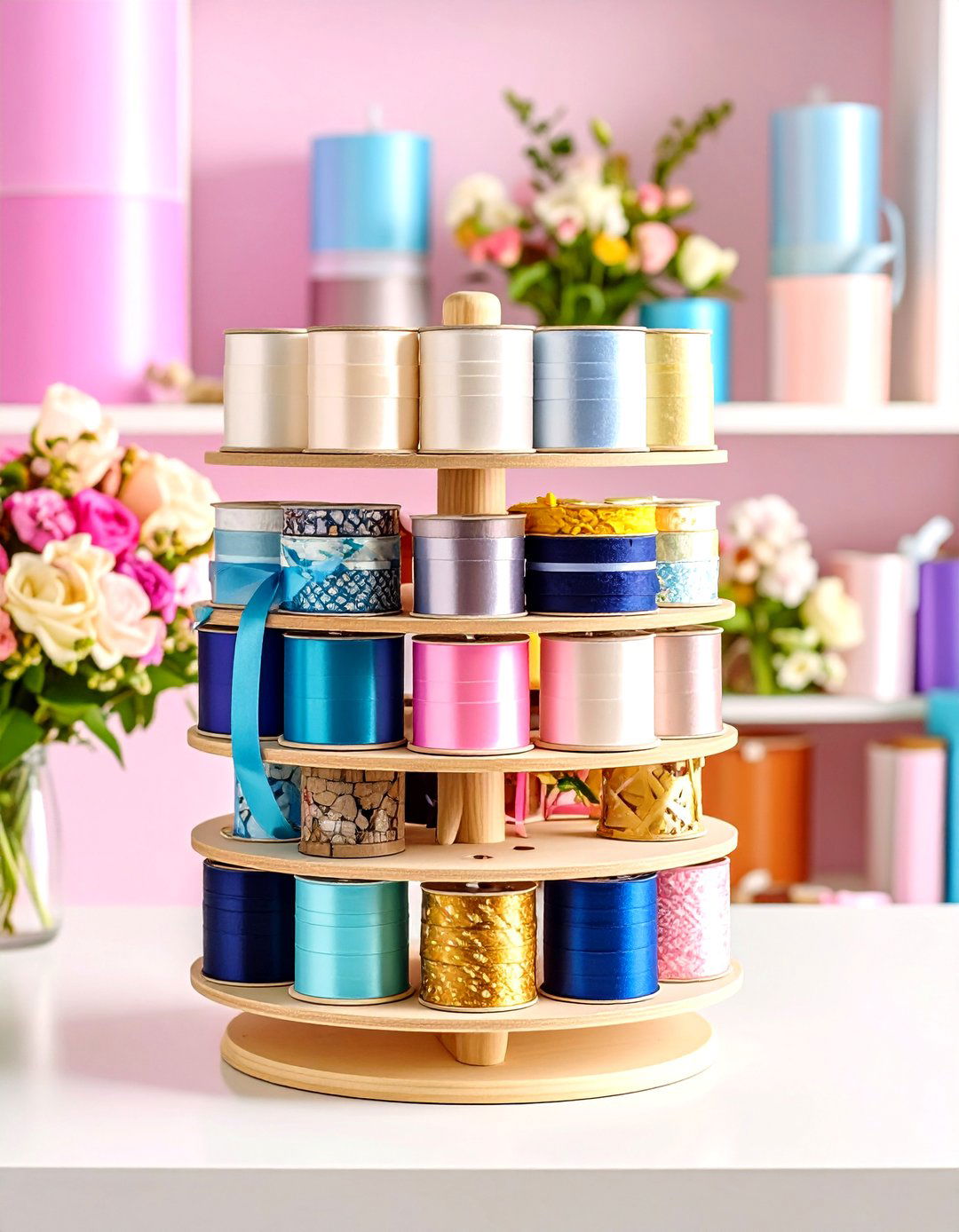 Rotating Desktop Ribbon Carousel - 24 Ribbon Storage Ideas