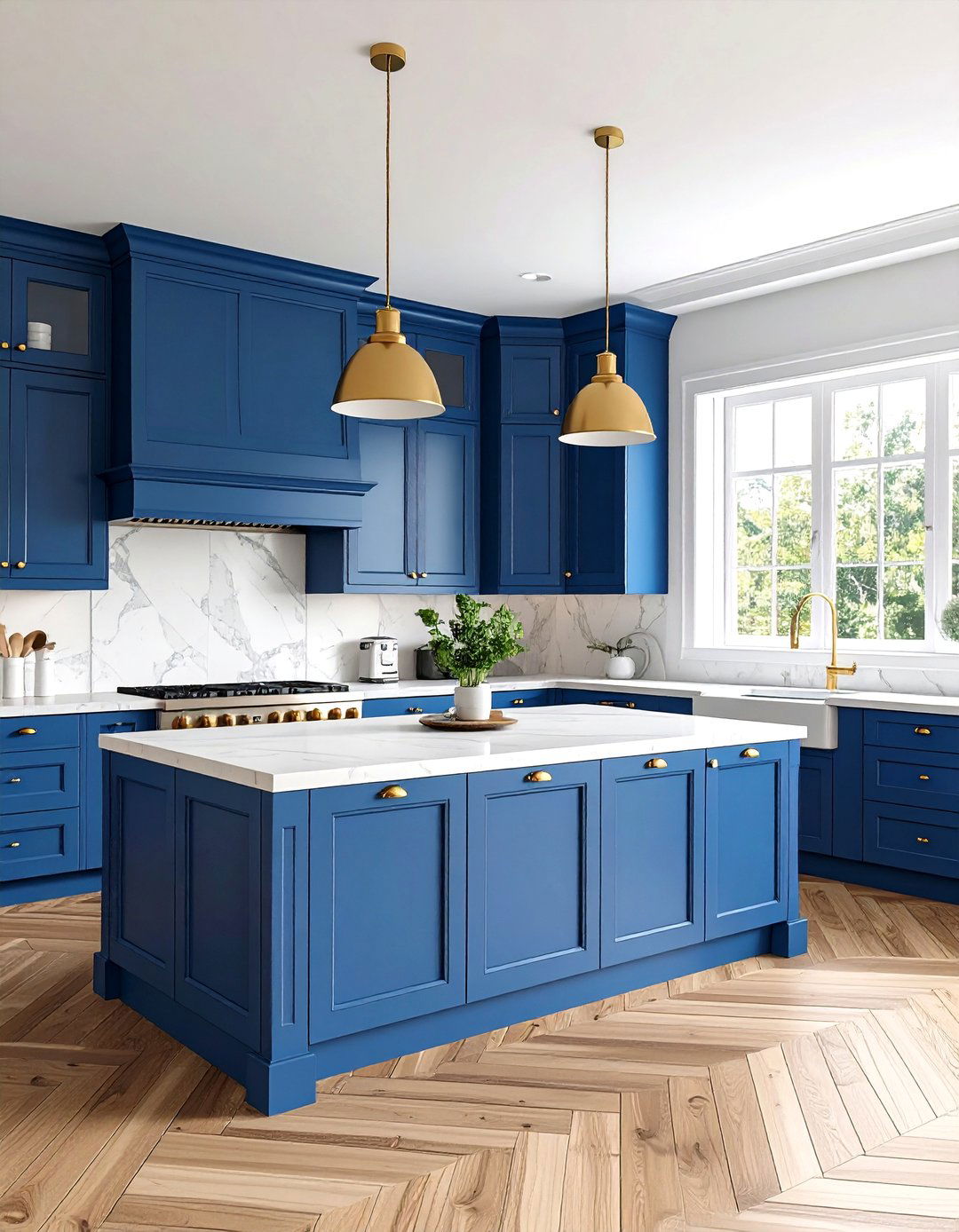 Royal Blue Cabinets with Polished Brass Details - 24 blue kitchen cabinets with gold hardware
