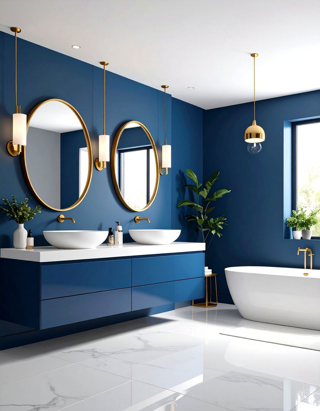 Royal Blue Feature Wall Drama - 24 Blue and Gold Bathroom Ideas