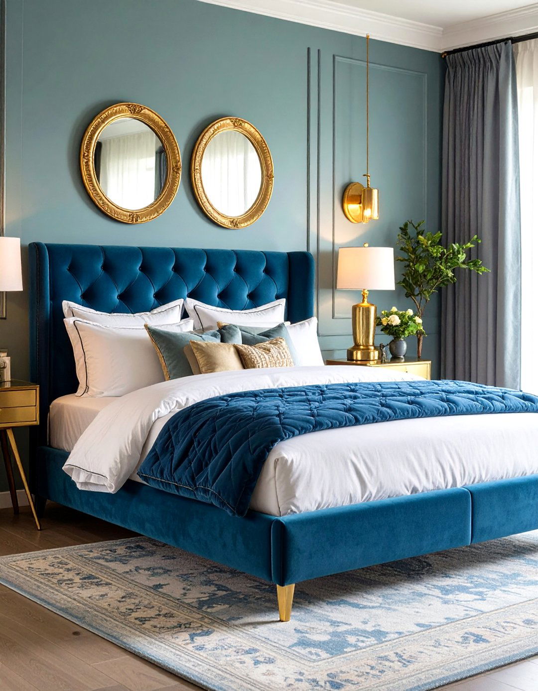 Royal Blue Velvet Headboard Design - 24 Blue and Gold Bedroom Ideas