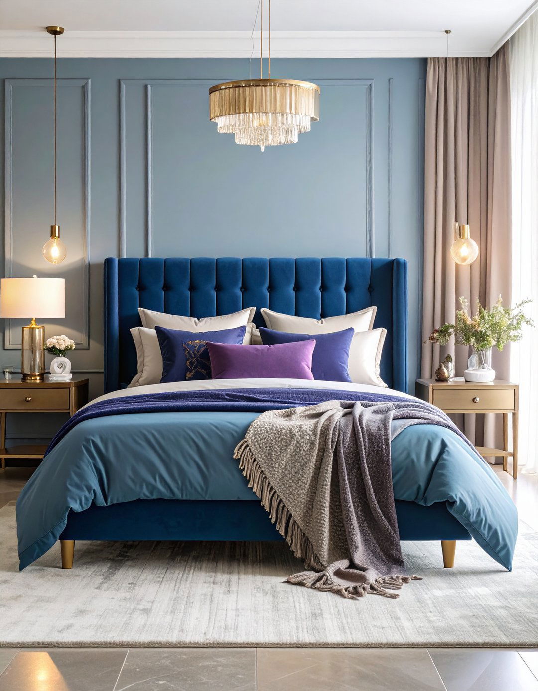 Royal Blue Velvet Headboard with Purple Accents - 24 Blue and Purple Bedroom Ideas