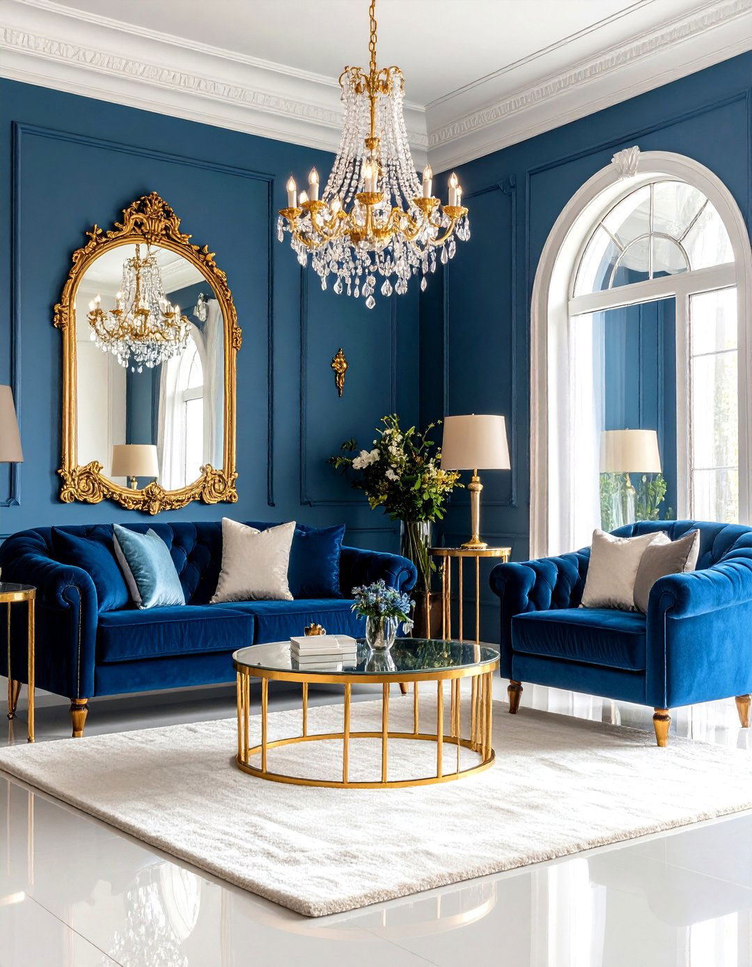Royal Blue Velvet with Gold Glamour - 24 Blue Couch Living Room Ideas