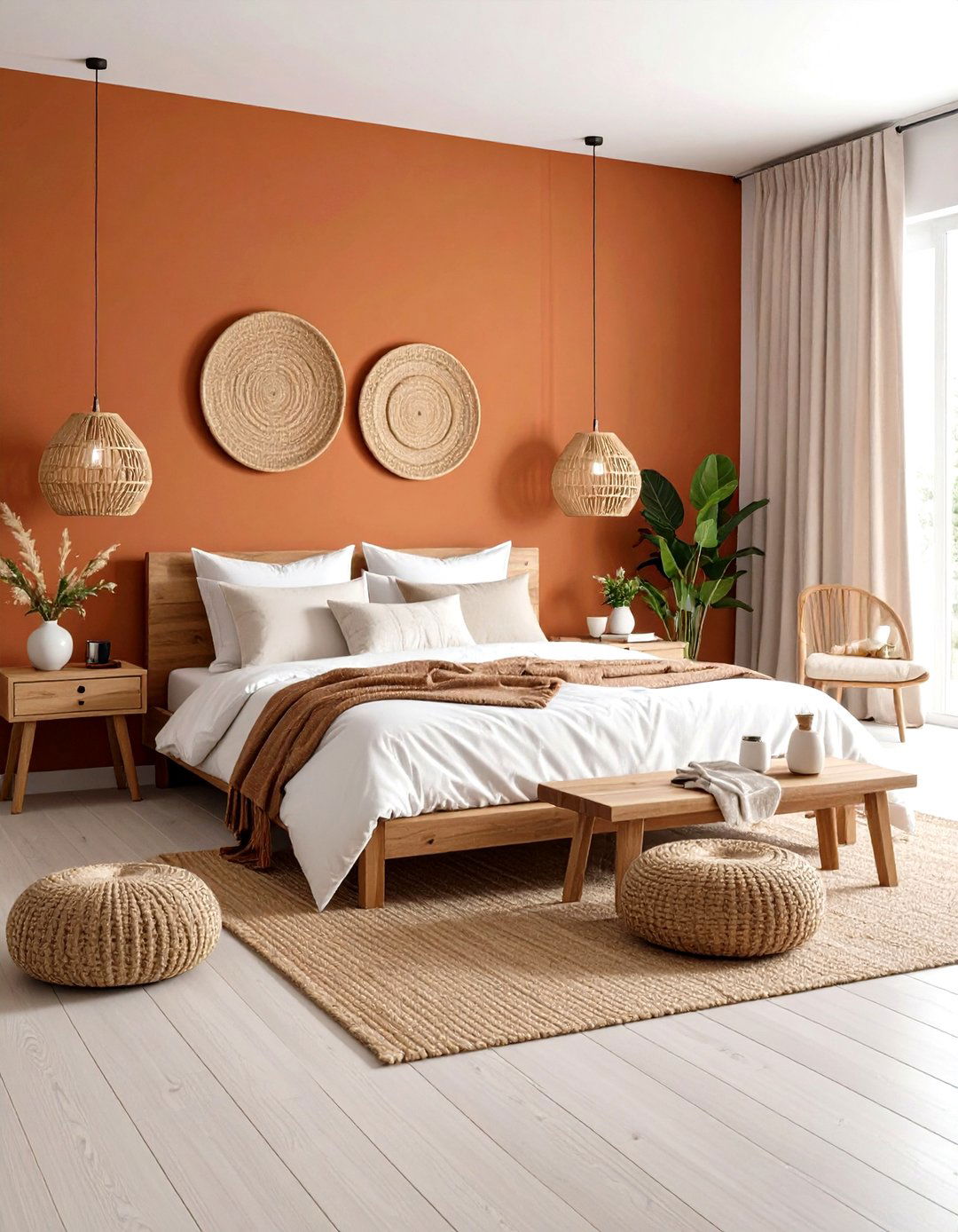 Rust Accent Wall with Neutral Bedding - 24 Rust Bedroom Ideas